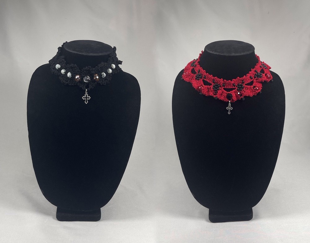Vintage Handmade Goth Crochet Black White & Red Choker Necklace Set by Odythia