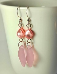 PINK Cultured sea glass puffed WAVE shape earrings w Swarovski twisted pearl