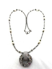 1980s Handcrafted Necklace Silver Seed Beads, Pearls & Crystal Circular Pendant