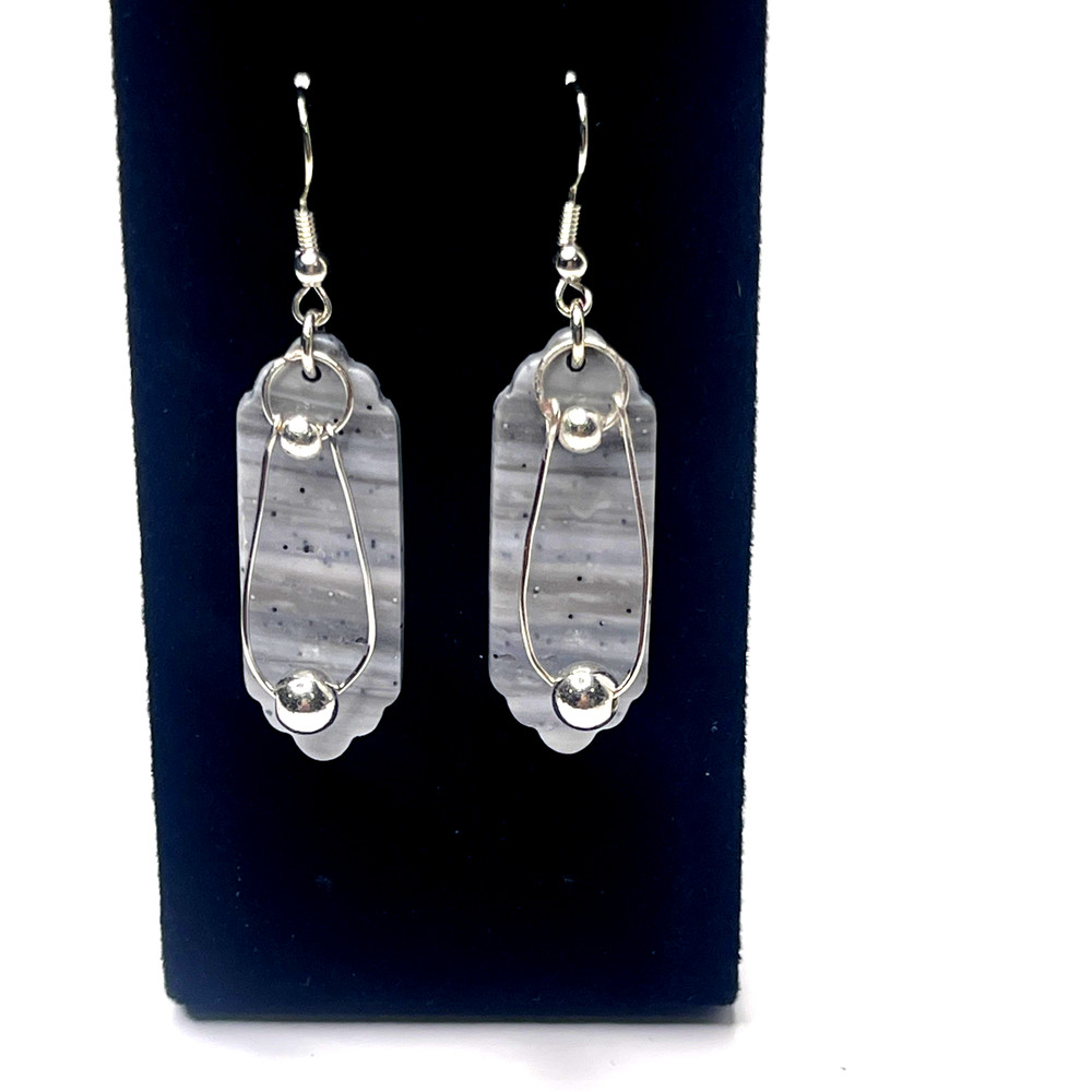 Earrings: 2.25in Handmade Gray Polymer Clay w/ Silver Plated Accents Dangle/Drop