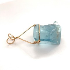 14k Yellow Gold 1-11/16” High Wire Wrapped Aquamarine Crystal Pendant, 9 Grams