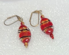 Glass Bead Dangle Hook Earrings Burgundy Red and Black Lampwork