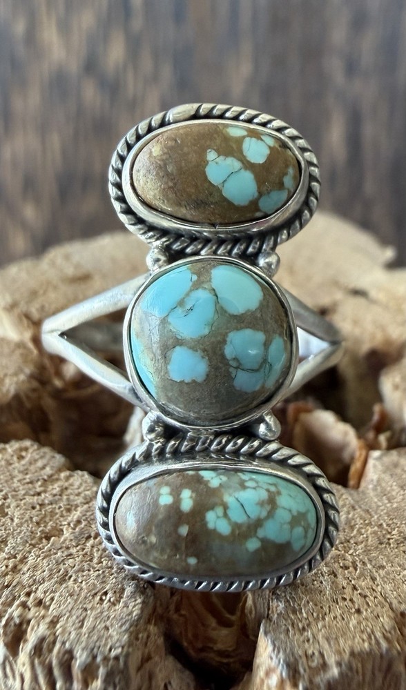 Sterling Silver Native Style SW Genuine No. 8/Mine 8 Turquoise 3 Stone Ring