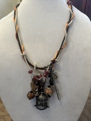 Handcrafted Braided Leather Suede Birdcage Charm Bead Statement Necklace Boho