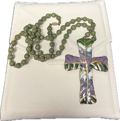 Handcrafted Enamel Copper Cross Pendant Necklace – Green Wooden Beads –