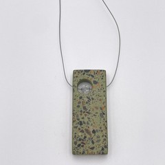 Artisan Terrazzo Style Green Resin Pendant Necklace Wire Cable Clear Glass Bead