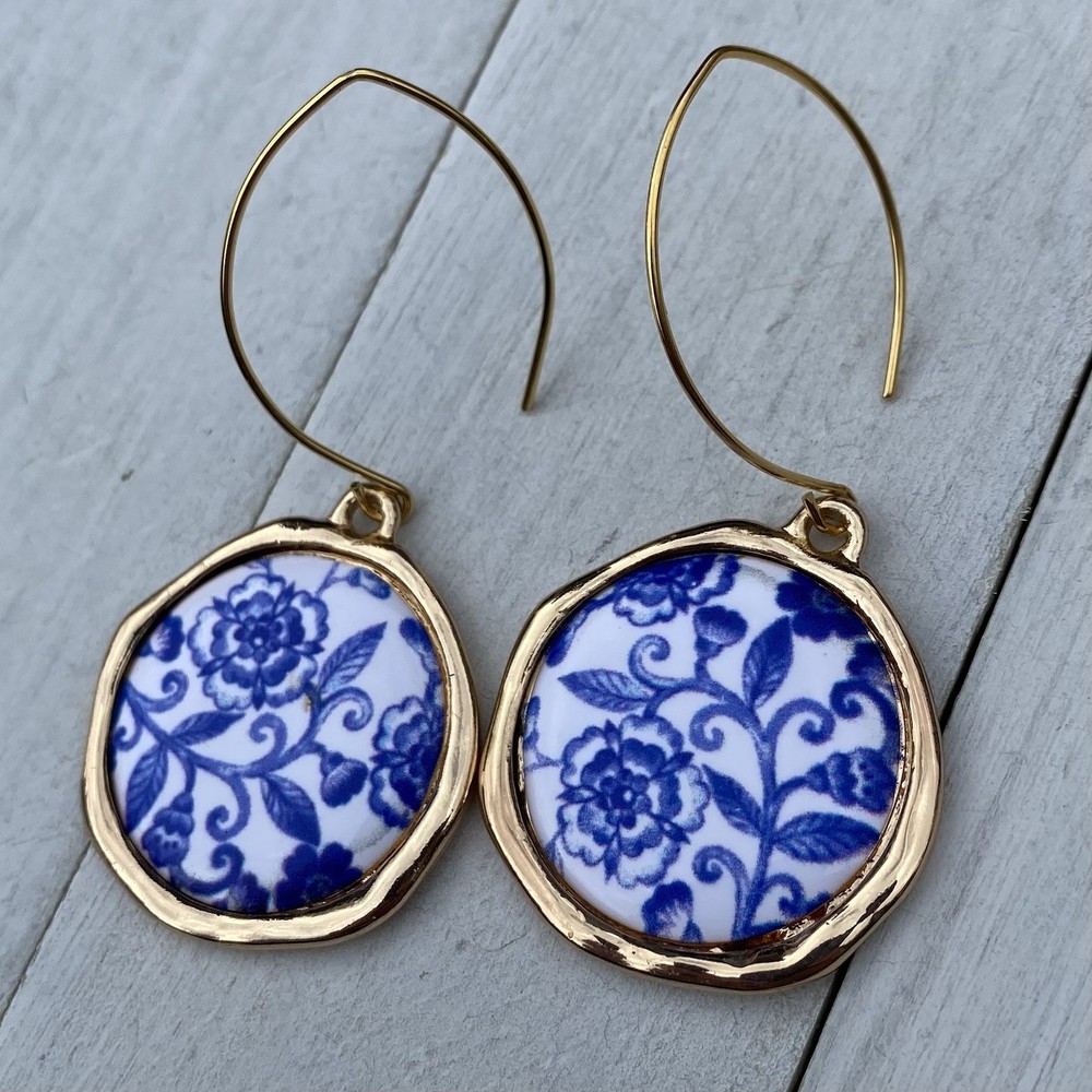 Min Favorit Blue White Porcelain Floral & Gold Pl Artisan Large Drop Earrings