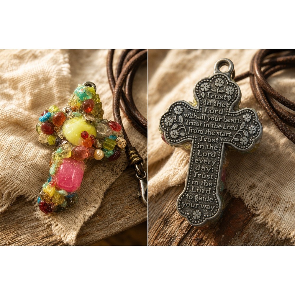 Tiffany Lee Designs Handmade Cross Pendant Semi Precious Stones Y2K Art