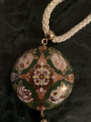 New Cloisonné Floral Round Charm Pendant Necklace with Braided Cord, Green Pink