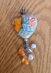 Lampwork Glass Pendant Heart Shape Flower Sterling Silver Hand Made OOAK