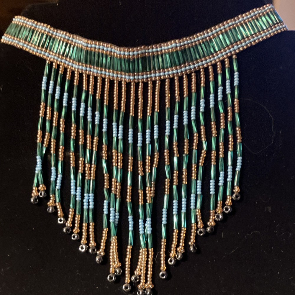 Handcrafted Beaded Fringe Necklace Green Blue Gold Glass Beads Beaded Loop 14″