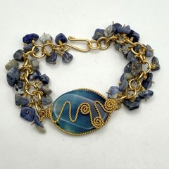 Hand Wire Wrapped Blue Quartz Lapis Bracelet Gold Tone 8 Inches
