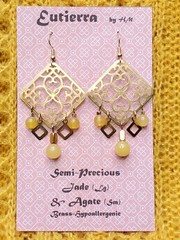 Eutierra Semi-Precious Yellow Jade Earrings Hand Crafted In The USA Brass 2 5/8″