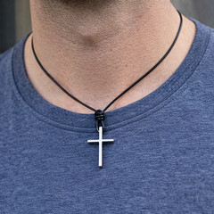 Titanium Steel Cross † on Hand Knotted Black Leather Necklace