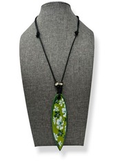 Green Surfboard Necklace Hawaiian Flower Wood Pendant Beach Jewelry