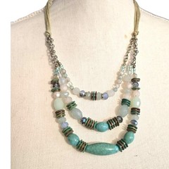 Necklace Beaded Layered Three Strands Teal Blue Green Reacts Blue Light SKU2388