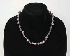 Purple Venetian Murano Glass, Clear Crystal, Amethyst Chip Beaded Necklace 20″