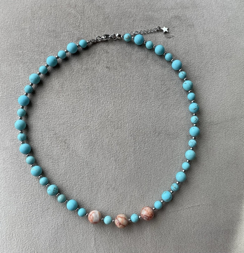TURQUOISE BLUE Howlite Crazy Lace Coral Agate Choker Necklace 17.5” Unisex