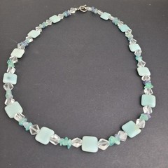 Mint Green Square Stone Clear Purple Glass Bead Necklace 20″ One Of A Kind