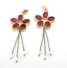 Stunning Large Ruby Red Corundum & Rice Pearl Artisan Dangle Earrings Gold Tone