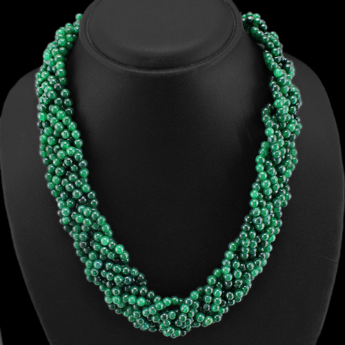 BEST QUALITY 533.00 CTS KNOTTED NATURAL GREEN EMERALD BEADS NECKLACE STRAND (DG)