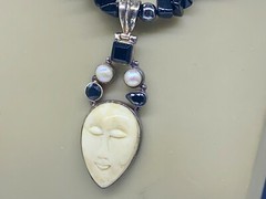 VINTAGE STERLING SILVER HEMATITE AGATE QUARTZ NECKLACE MASK FACE PENDANT