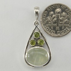 925 Sterling Silver Oval Green Prehnite and small Round Peridot Teardrop Pendant