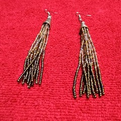Beaded Tassel Dangle Earrings Brown Gold Black Metal French Wire Women