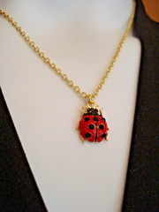 Red Ladybug Shiny Black Rhinestones on Thin Gold Plate 16-18″ Chain Necklace