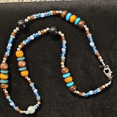 Beaded Necklace Pearl Glass Wood Blue Brown Yellow White Silver Lobster Clasp