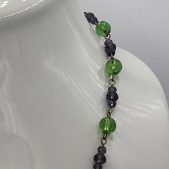 Vintage Green Purple Glass Bead Shell Pendant Necklace Handmade Artisan 20”