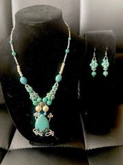 Vintage Wire Necklace and Earrings Set Handmade Artisan Jewelry Turquoise Color