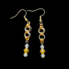 Yellow & Gold Tone Chainmaille Earrings w/Yellow & Clear Crystals, 2.25 in.