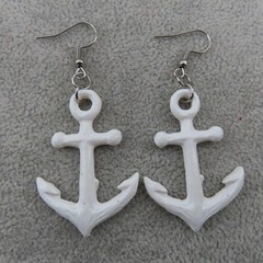 WHITE ANCHOR Dangle Earrings Silver Tone 3D Nautical Cruise Ship Boat Coastal