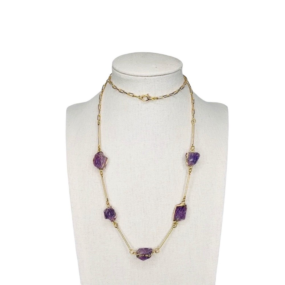 27” Natural Purple Amethyst Long Necklace 18K Gold Plated Raw Stones Brazil