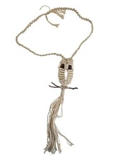 Vintage Macrame Owl Necklace w/ Wood Bead Eyes Boho 1970s