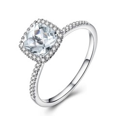 Diamonds 10k White Gold Pave&Prong Cushion Cut Aquamarine Engagement Ring