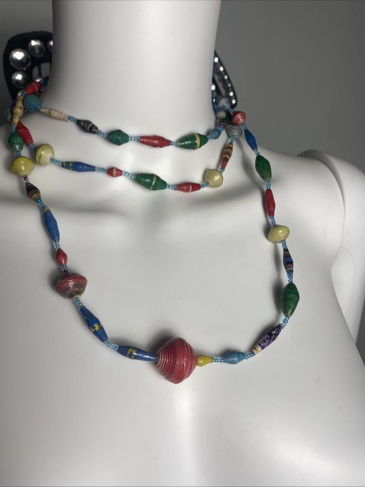 Handmade, extra-long necklace made from multicolor recycled paper beads 56”
