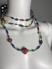 Handmade, extra-long necklace made from multicolor recycled paper beads 56”