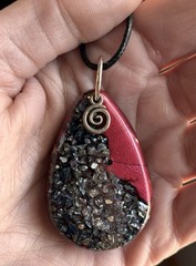 Handmade Resin Pendant Necklace Red Metallic & Black Crushed Glass Spiral Charm