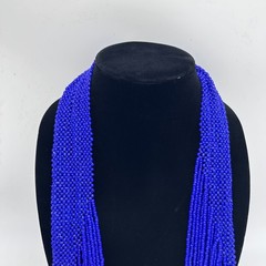 Vintage Blue Seed Bead Bib Necklace Long Big Fringe Statement Western Waterfall