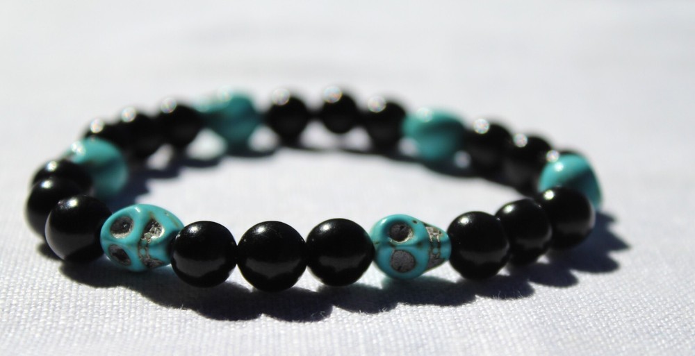 Handmade Stretch Bracelet-8mm Ebony Wood Beads-Teal Magnesite Skulls-Magical