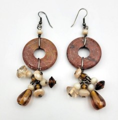 Boho Jasper Stone Disc & Glass Bead Dangle Drop Earrings Pierced Artisan 3.5″
