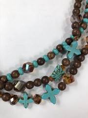 Artisan Necklace Southwest Beaded Blue & Brown Cross Multi Strand – 24 in Length