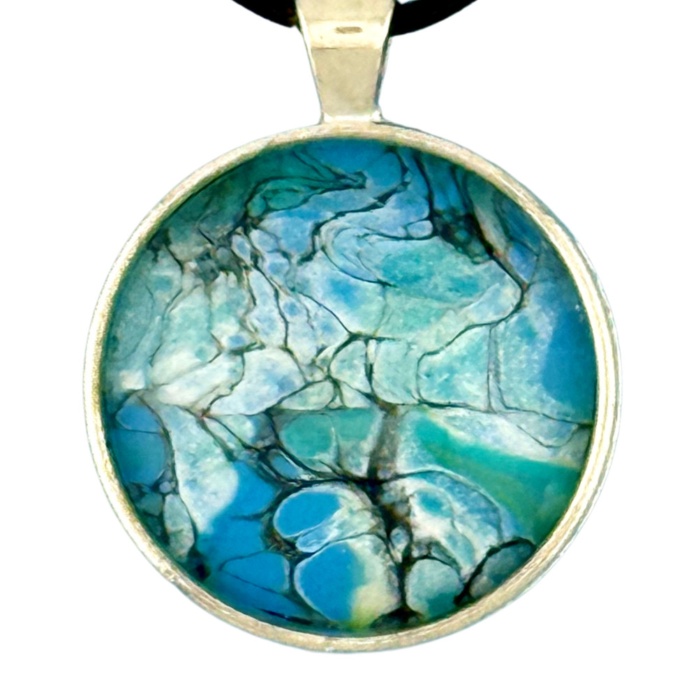 Pendant Necklace Handmade «Alaska Waters» Silver Bezel 30mm Black Cord