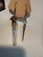 Handcrafted Asymmetrical Dangle Earrings Glass Rose Brass Key Charm Red 3in