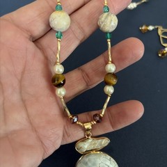 OOAK Artisan Statement Necklace Earrings Set Dragon Vein Baroque Pearl Tiger Eye