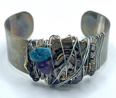 Vtg Artisan Silver Cuff Bracelet Amethyst Agate Boho Wire Wrap Watch Part Unique