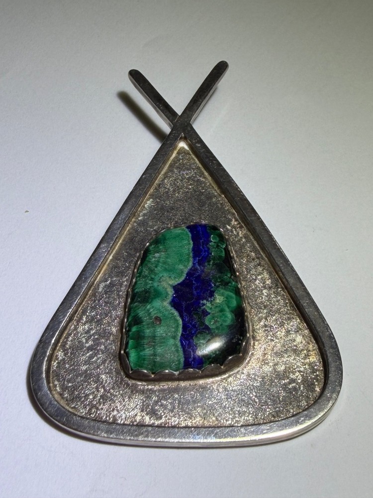 AMAZING AZURITE MALACHITE NAVAJO STERLING SILVER LARGE PENDANT SIGNED