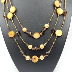 Golden Yellow Brown Mother of Pearl Seed Bead 3 Multi Strand Necklace 18″